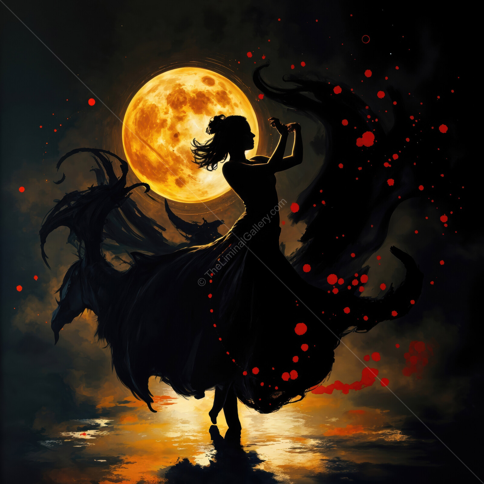 Mystical Flamenco dancer twirls under a glowing moon in a night filled with enchantment and magic