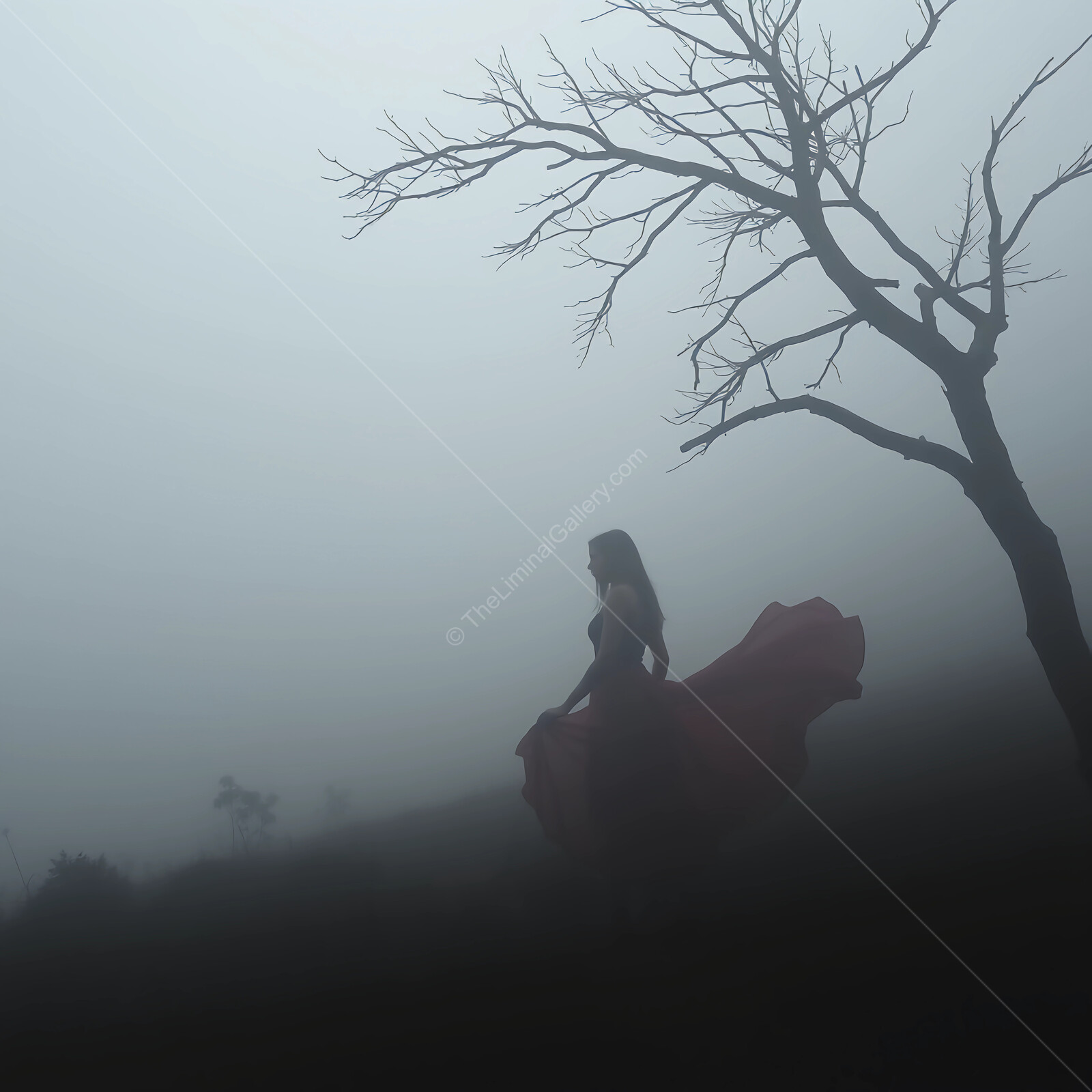 Mysterious woman dances in fog, surrounded by a barren tree at dawn on a misty hillside