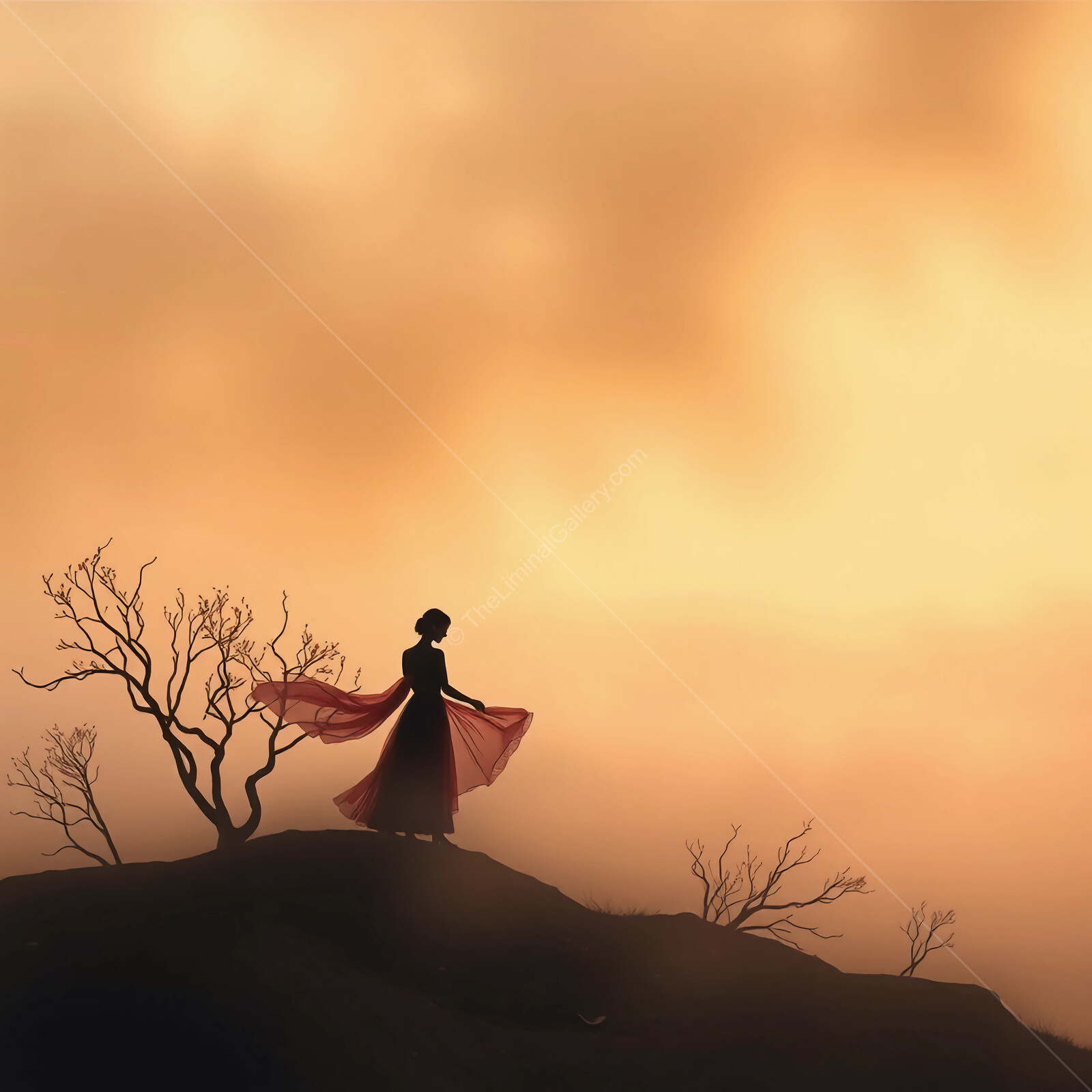 Mysterious silhouette dances at dusk on a secluded hilltop bathed in warm golden hues