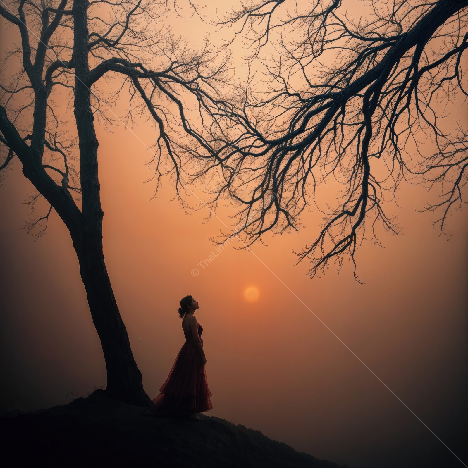Mystical silhouette against a foggy sunset with delicate branches framing the scene