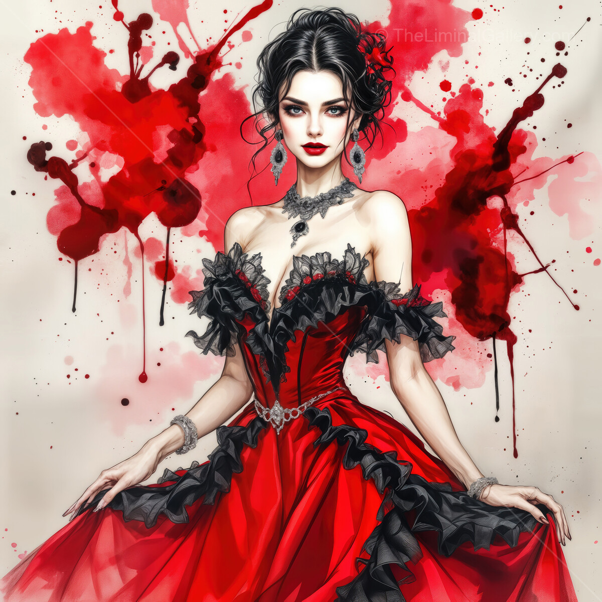 Vibrant flamenco dancer in a watercolor explosion of red and black hues celebrating passion and artistry