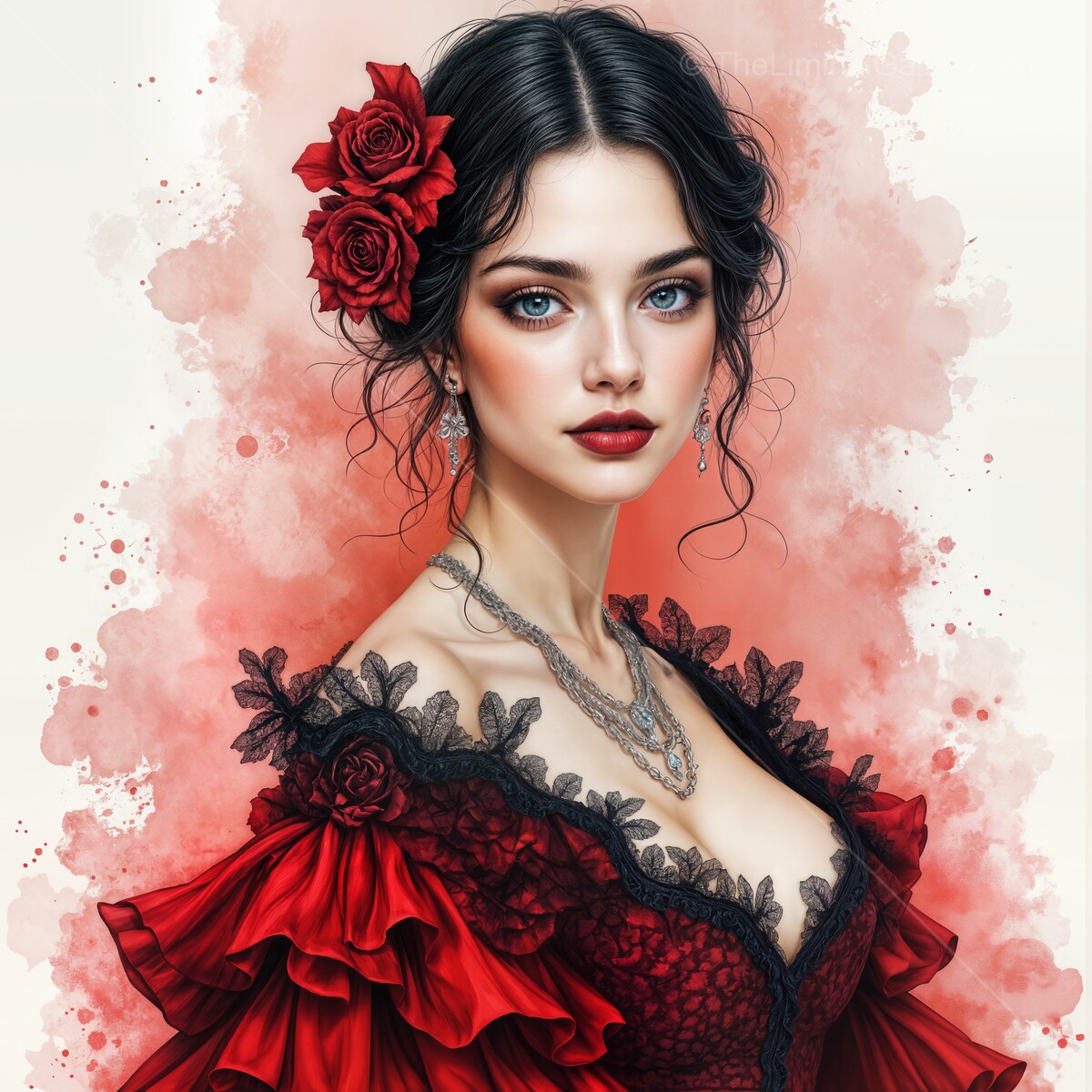 Vibrant flamenco dancer captivates with elegance and grace in a colorful watercolor depiction