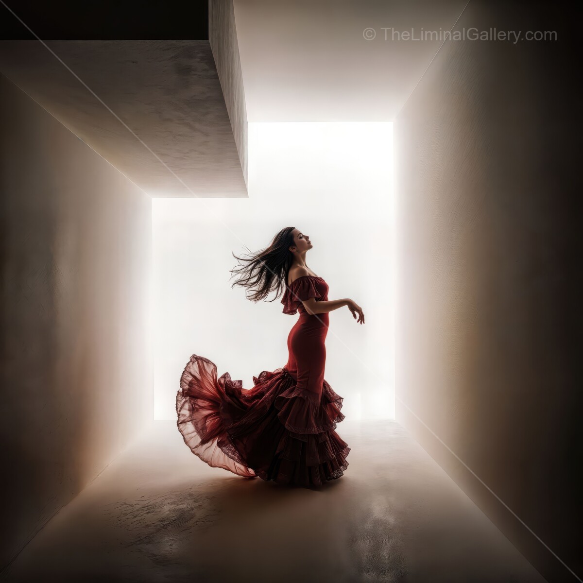 Flamenco woman dances in a dreamlike space, illuminated by soft light, showcasing grace and passion in her vibrant red dress