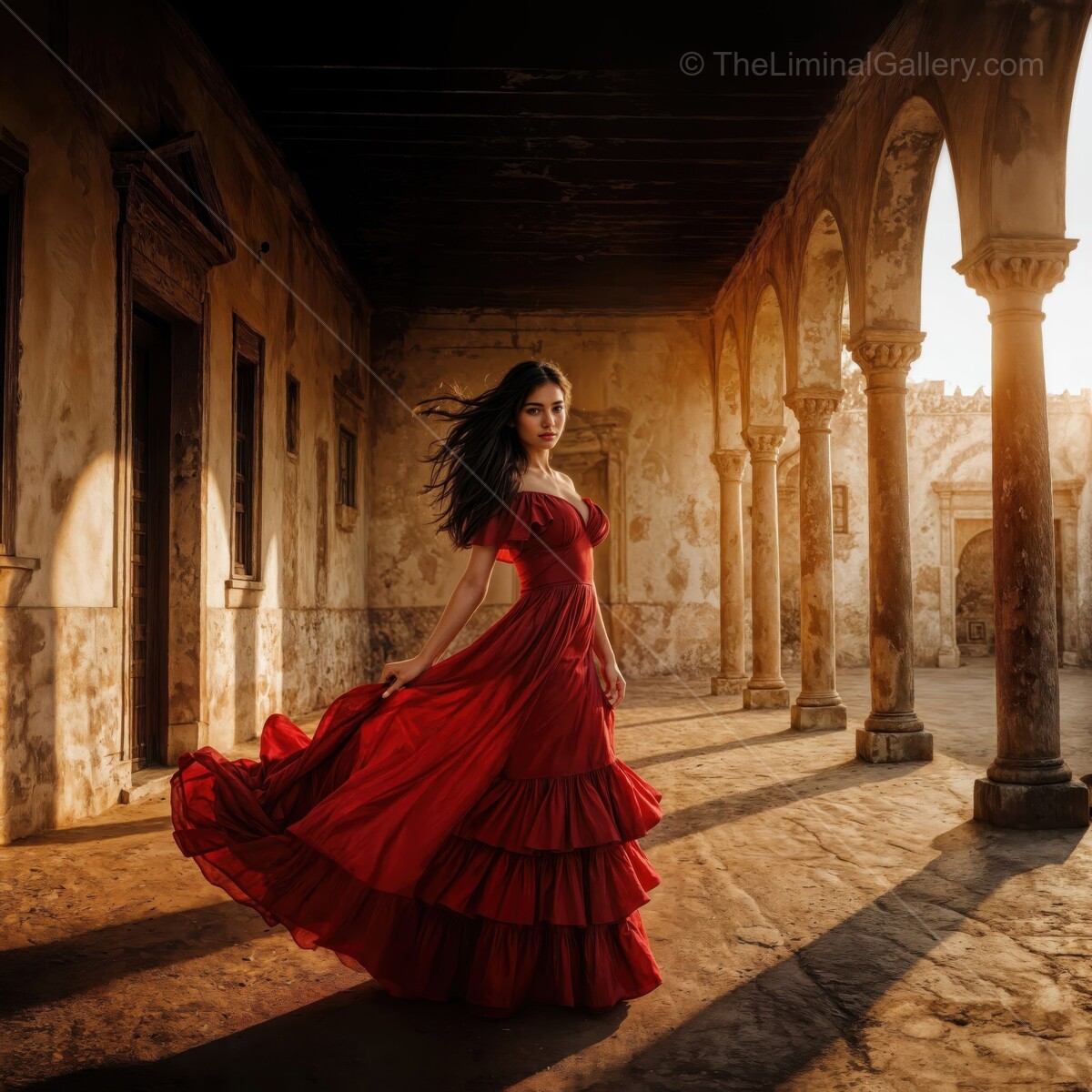 Flamenco dancer twirls gracefully in a sunlit historic courtyard showcasing passion and elegance