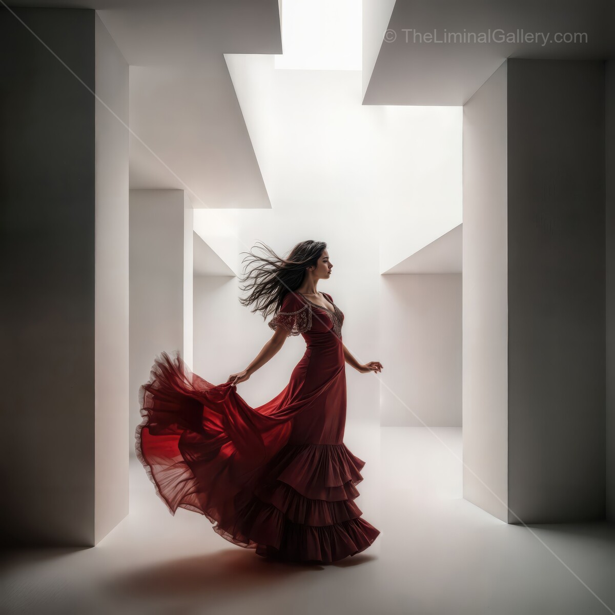 Flamenco dancer twirls gracefully in a modern, liminal space filled with soft light