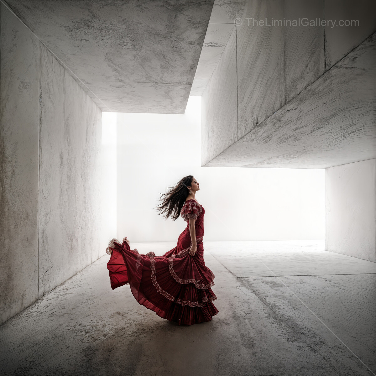 Flamenco dancer in a surreal liminal space captured with grace and passion