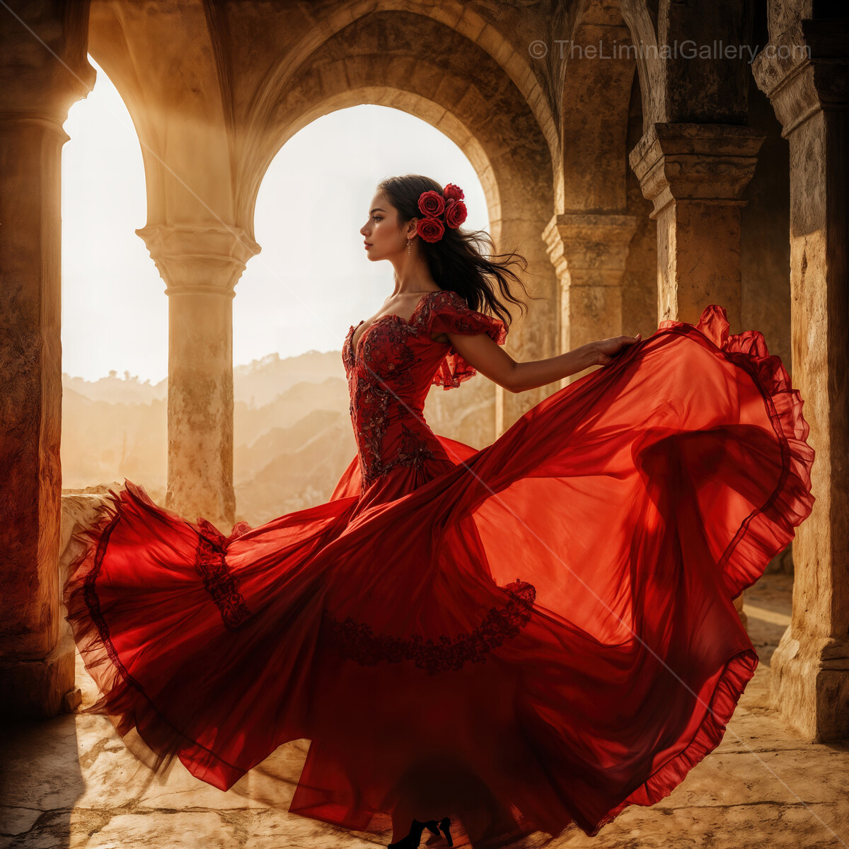 Graceful flamenco dancer twirls in a stunning red dress against a sunlit ancient backdrop