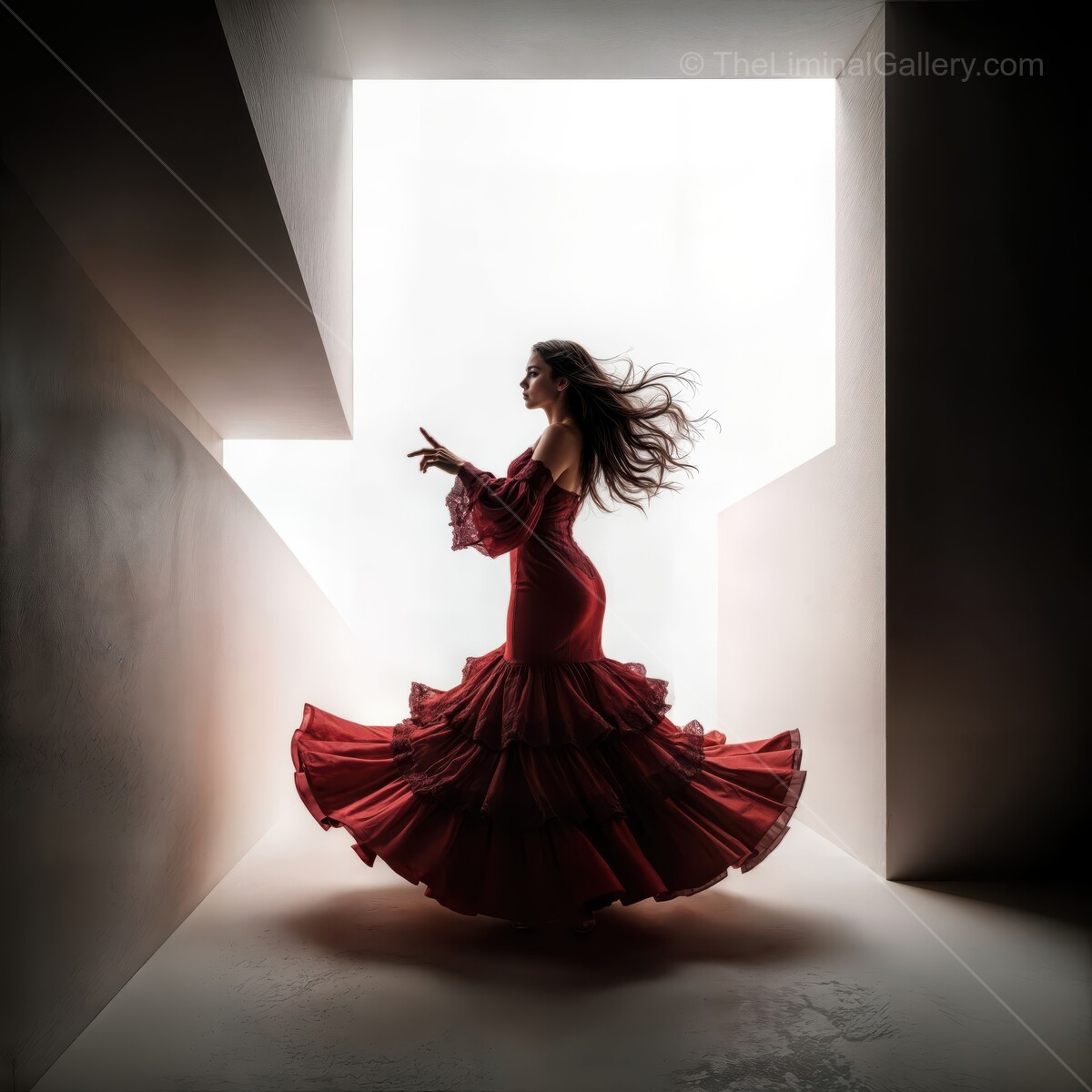 Dancing through dimensions, a flamenco woman twirls gracefully in a liminal space at twilight, capturing the essence of passion and tradition