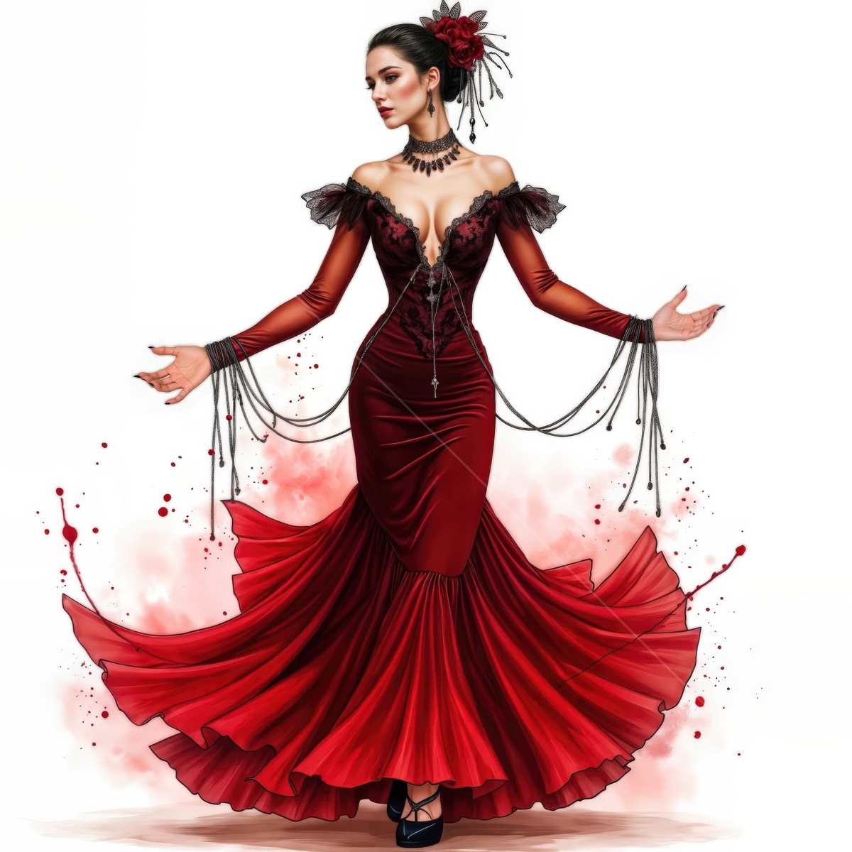 Flamenco dancer in vibrant watercolor, showcasing grace and passion in an elegant red dress at an enchanting evening celebration