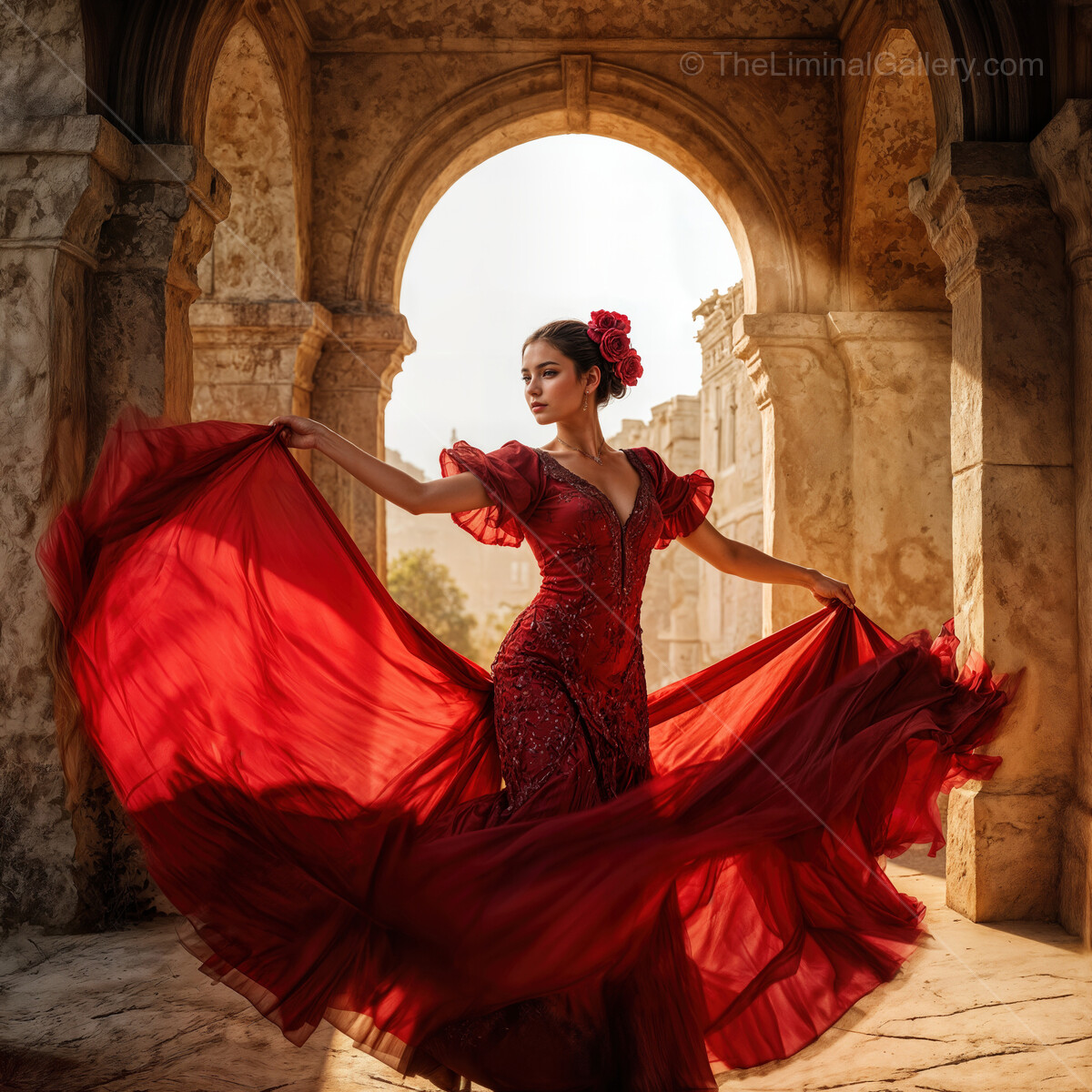 Flamenco dancer enchants in flowing red dress amid ancient architectural beauty at sunset