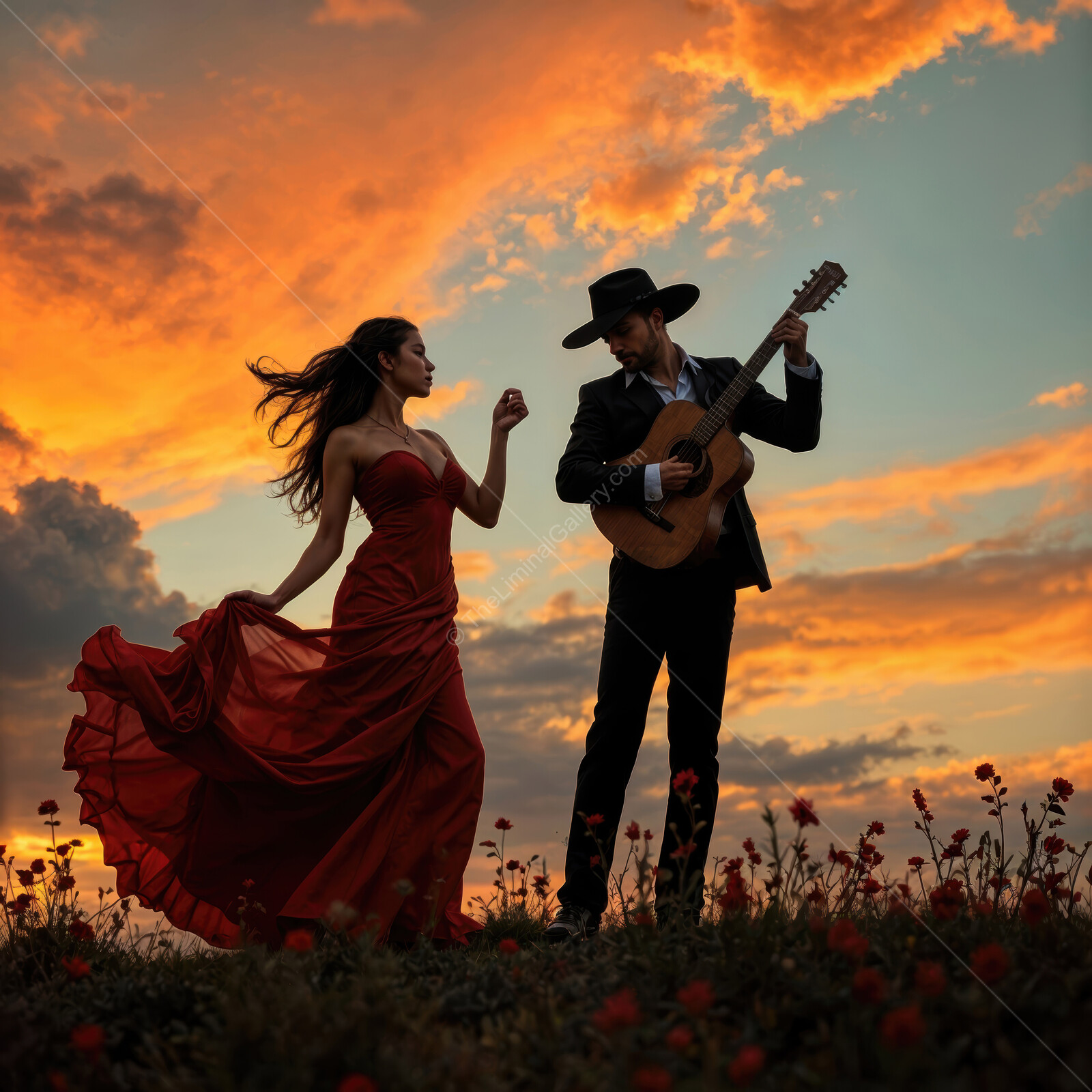 Romantic dance under a sunset sky with a musician and a flowing red dress in a beautiful landscape