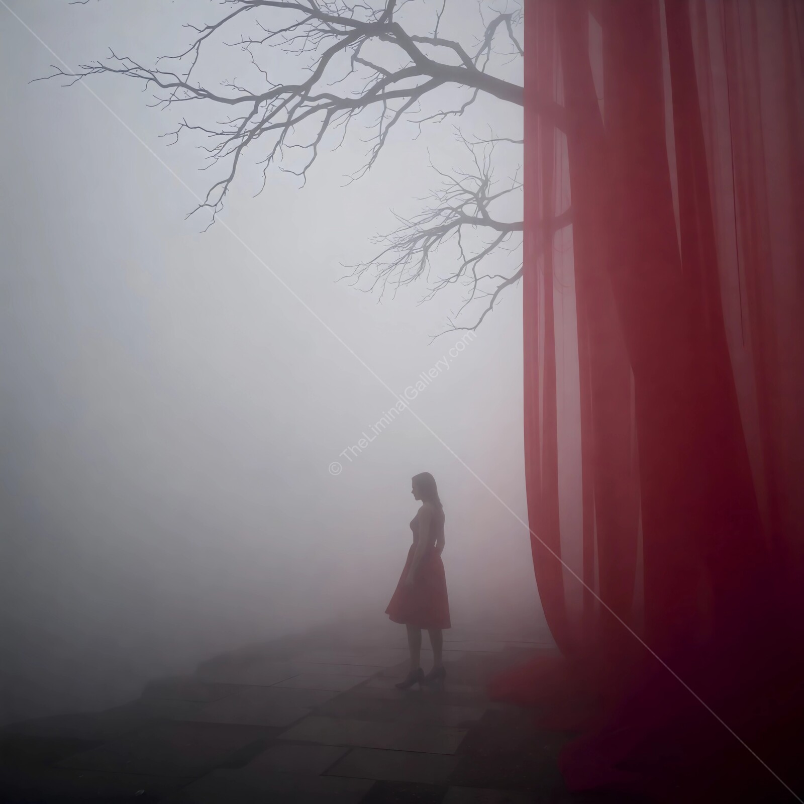 Mysterious silhouette by the foggy river with flowing red fabric enveloping the trees at dawn