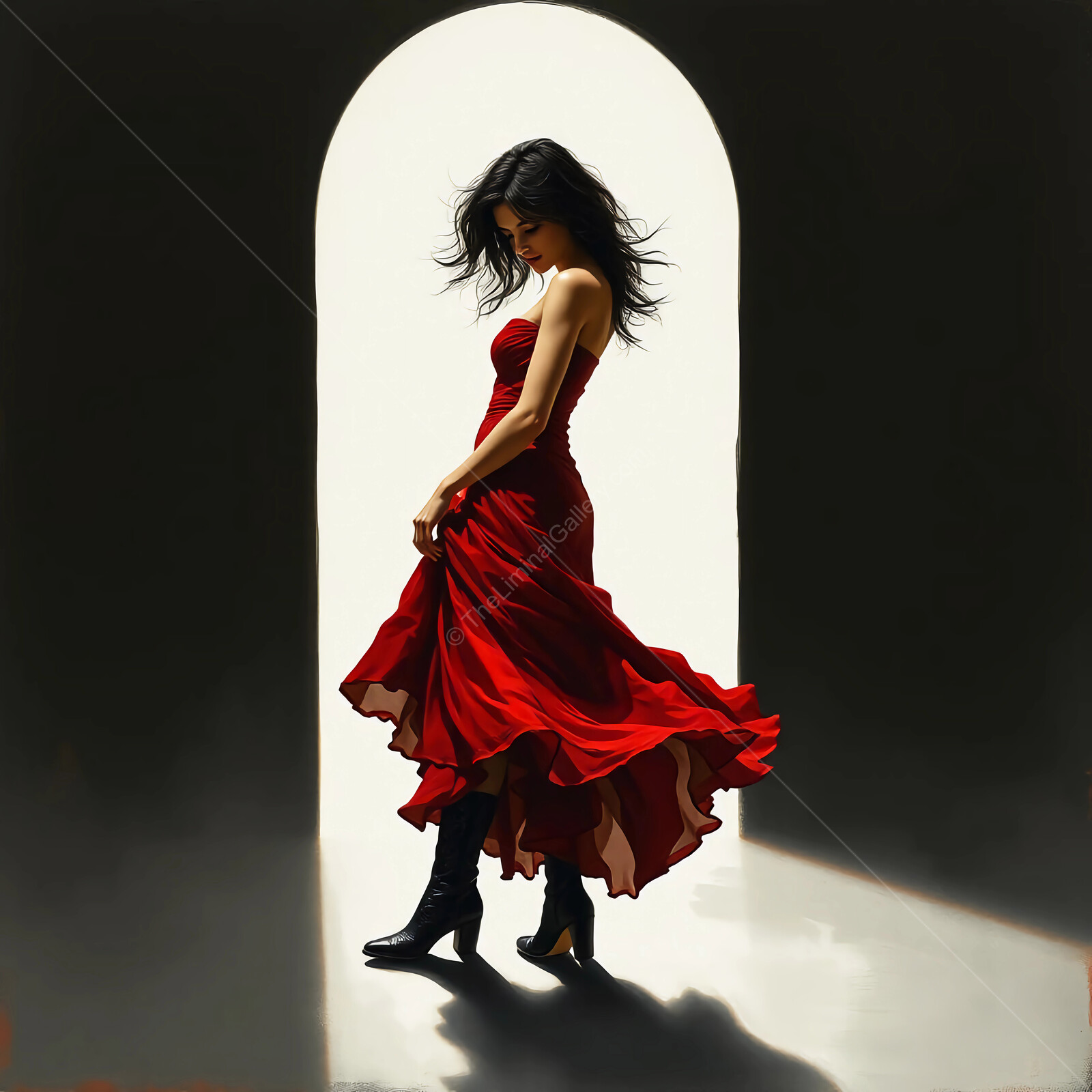 Silhouette of a woman in a flowing red dress twirling gracefully in a sunlit archway