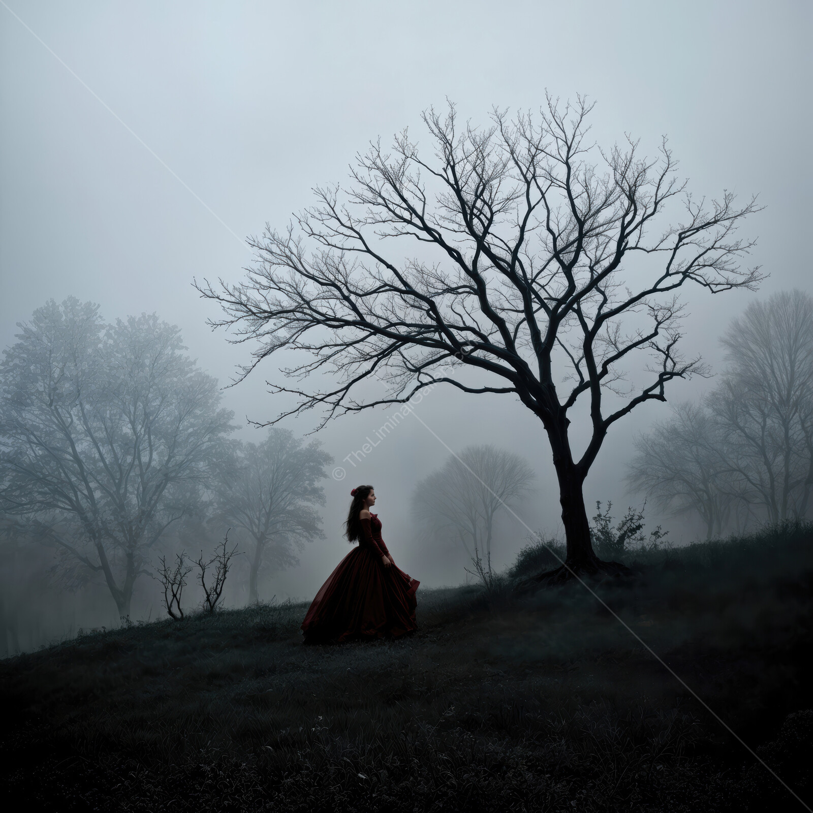 Mysterious silhouette of a woman in red dress against a foggy backdrop in an eerie landscape
