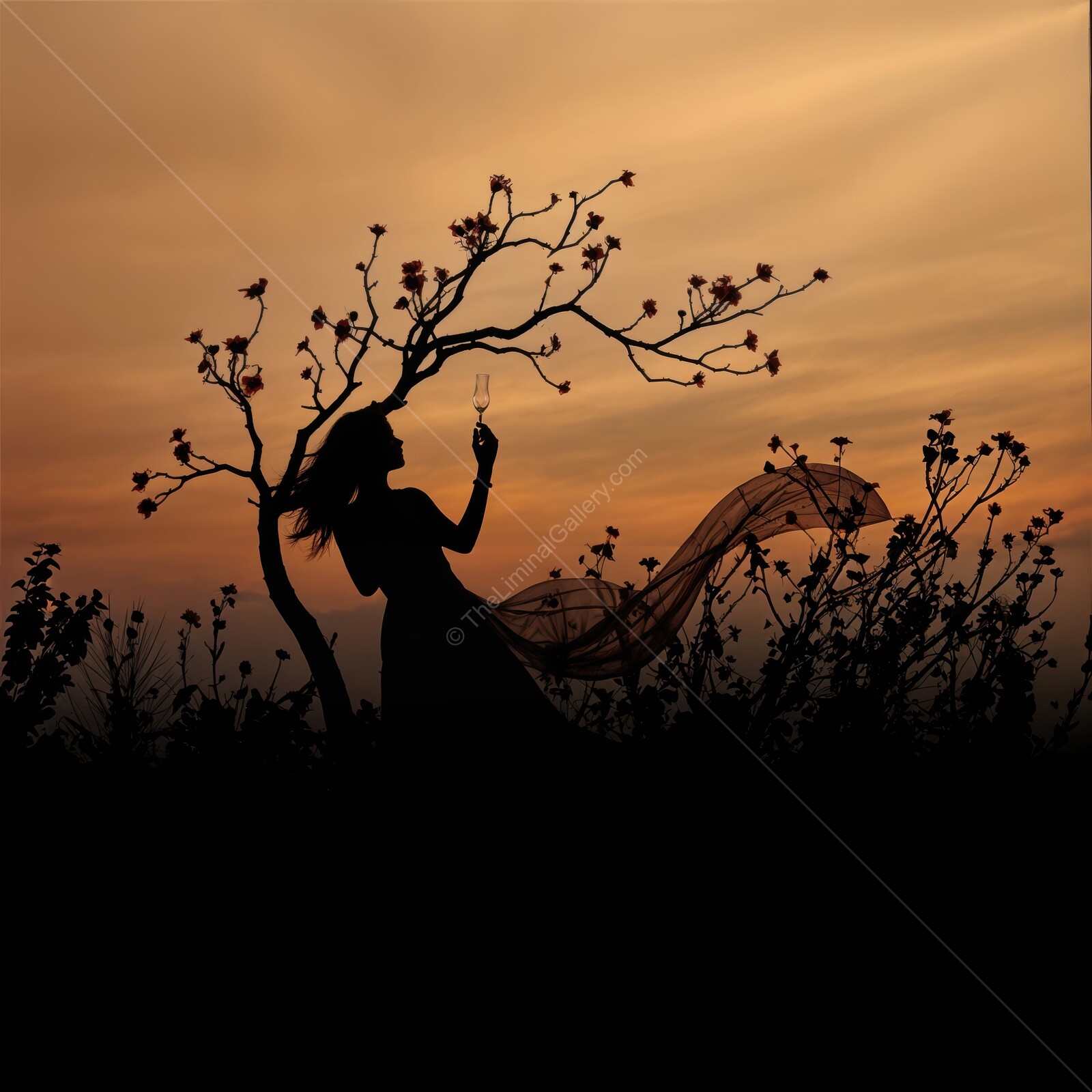 Silhouette of a woman with a glass amid blossoming trees at sunset