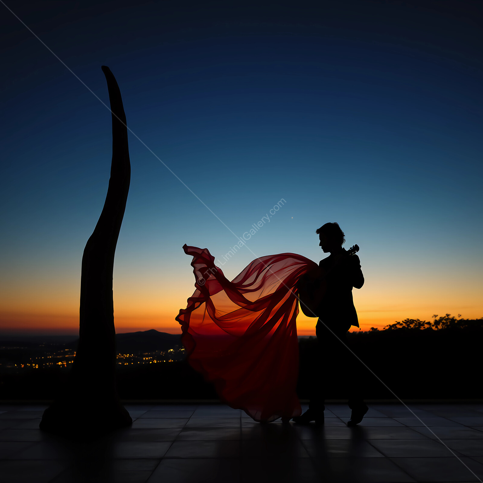 Silhouetted musician plays guitar against twilight backdrop with flowing fabric in a serene moment of creativity