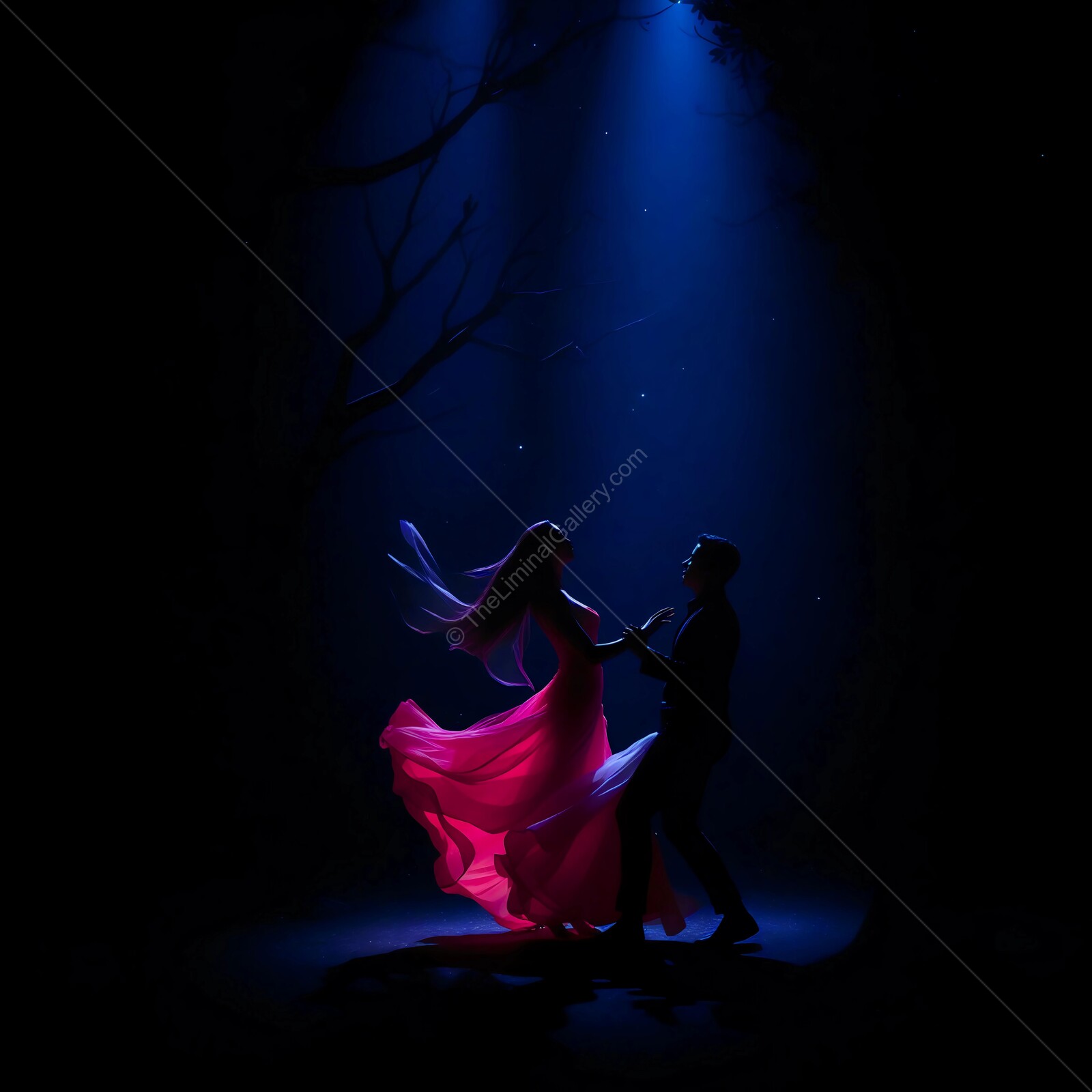 Elegant silhouettes dance under ethereal blue lights in a captivating nighttime setting