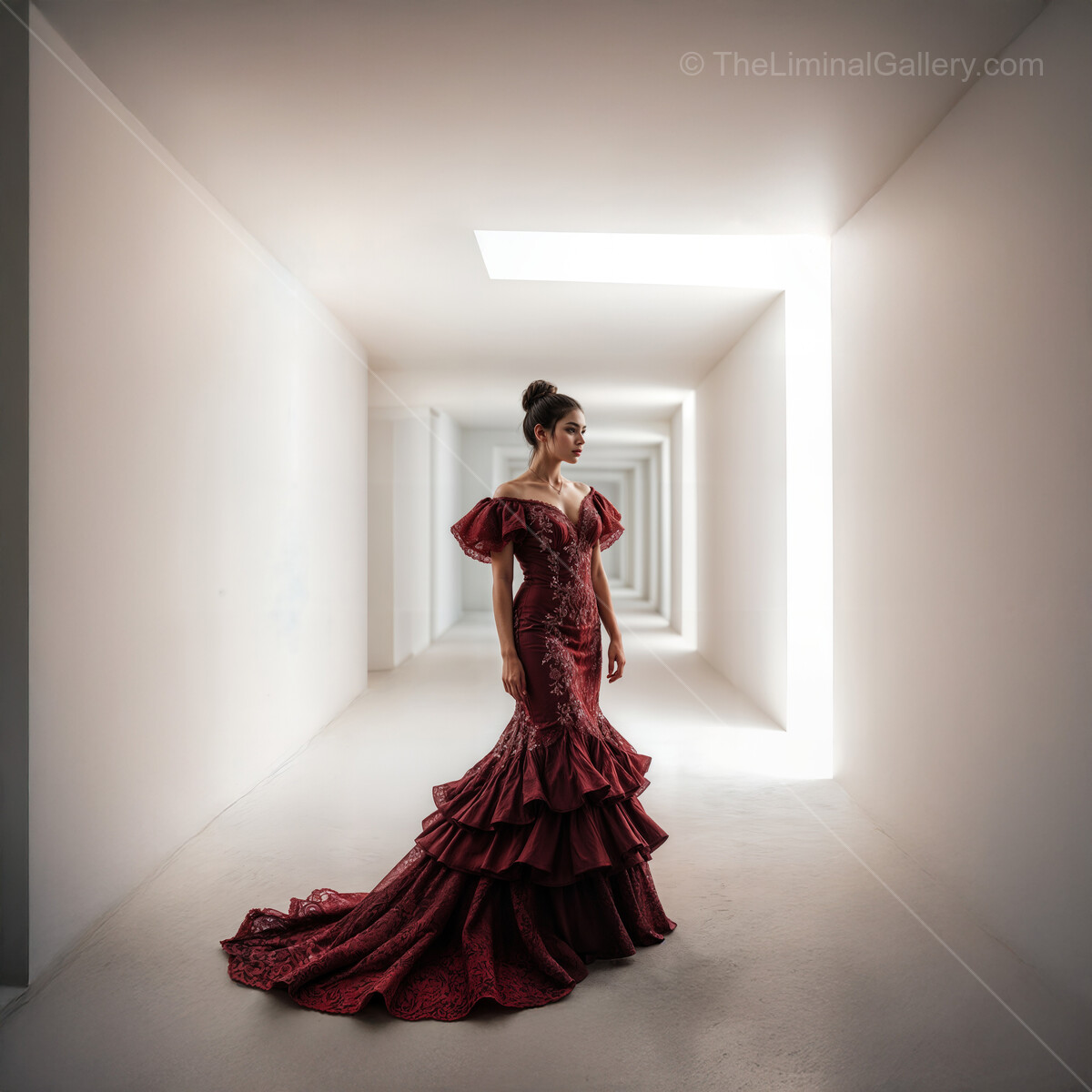 Flamenco dancer in a liminal space, exuding elegance and passion during twilight in a surreal corridor