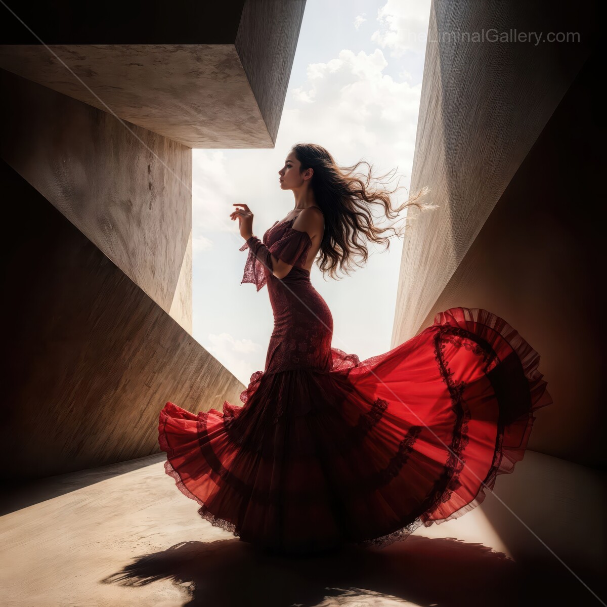 Flamenco dancer in a liminal space celebrating movement and passion under a bright sky
