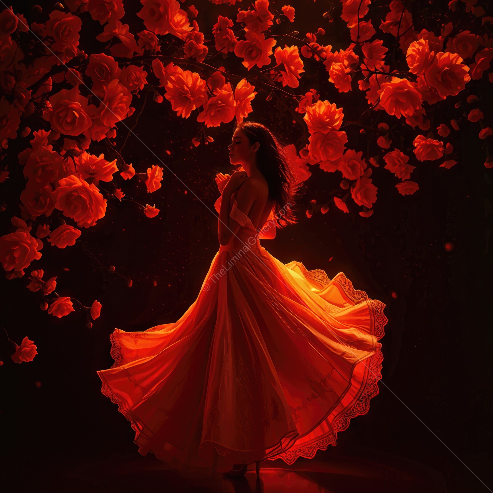 Woman dances gracefully in a swirling dress amid a sea of blooming red flowers