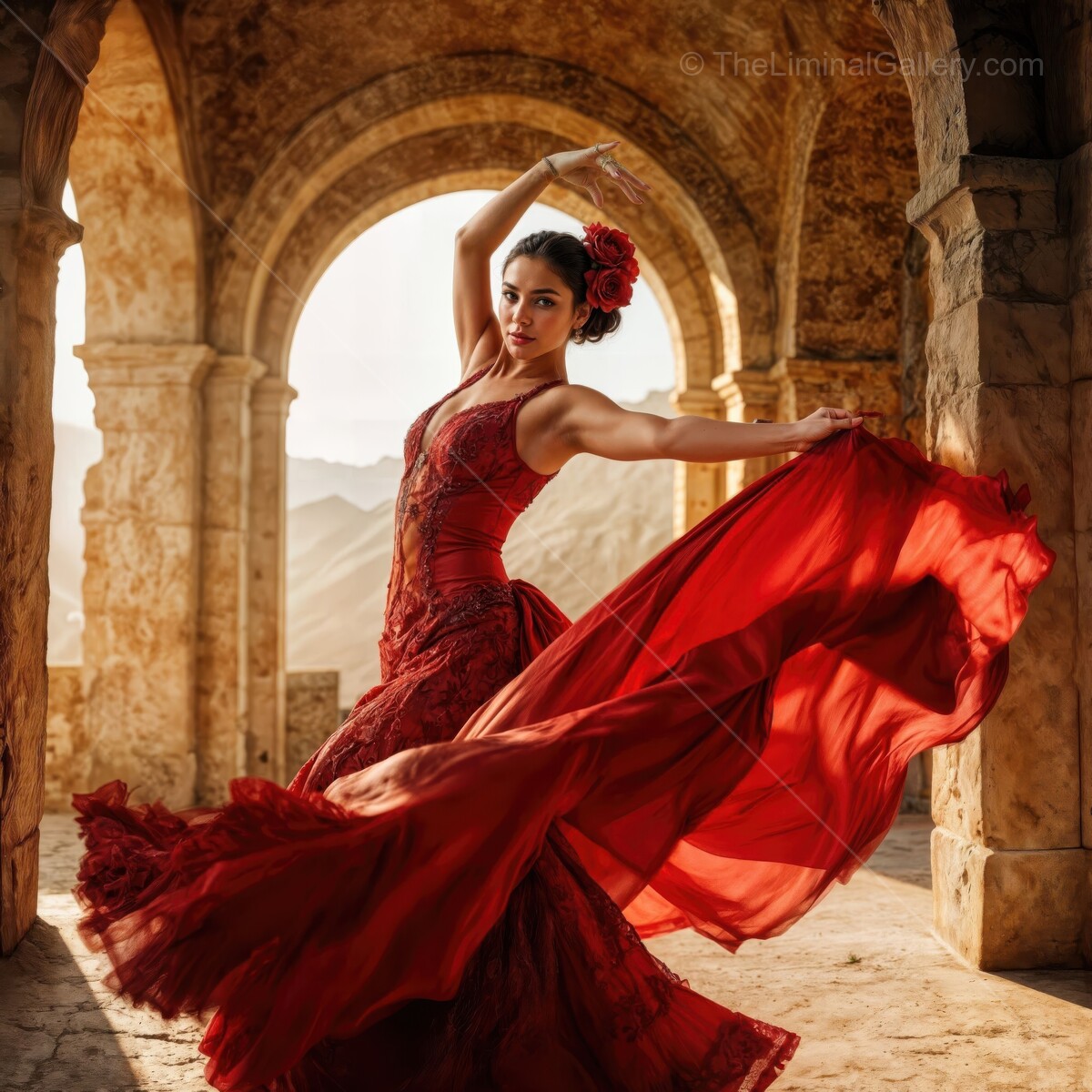 Flamenco dancer embodies passion and grace in historic setting under the golden light of dusk