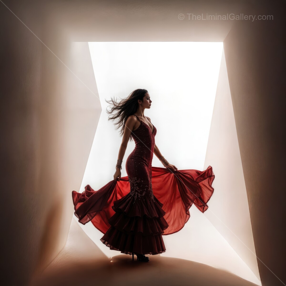 Flamenco dancer in a captivating liminal space expressing passion and grace