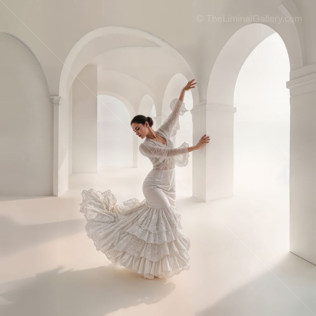 Flamenco woman gracefully dances in a luminous and ethereal space, showcasing her passion and elegance