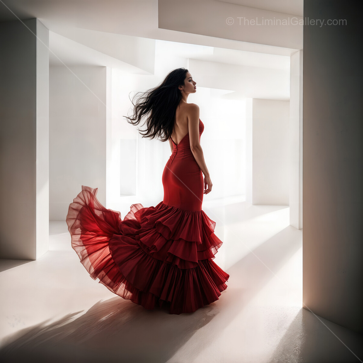 Flamenco dancer in a stunning red dress captures the liminal beauty of movement and light in an ethereal space