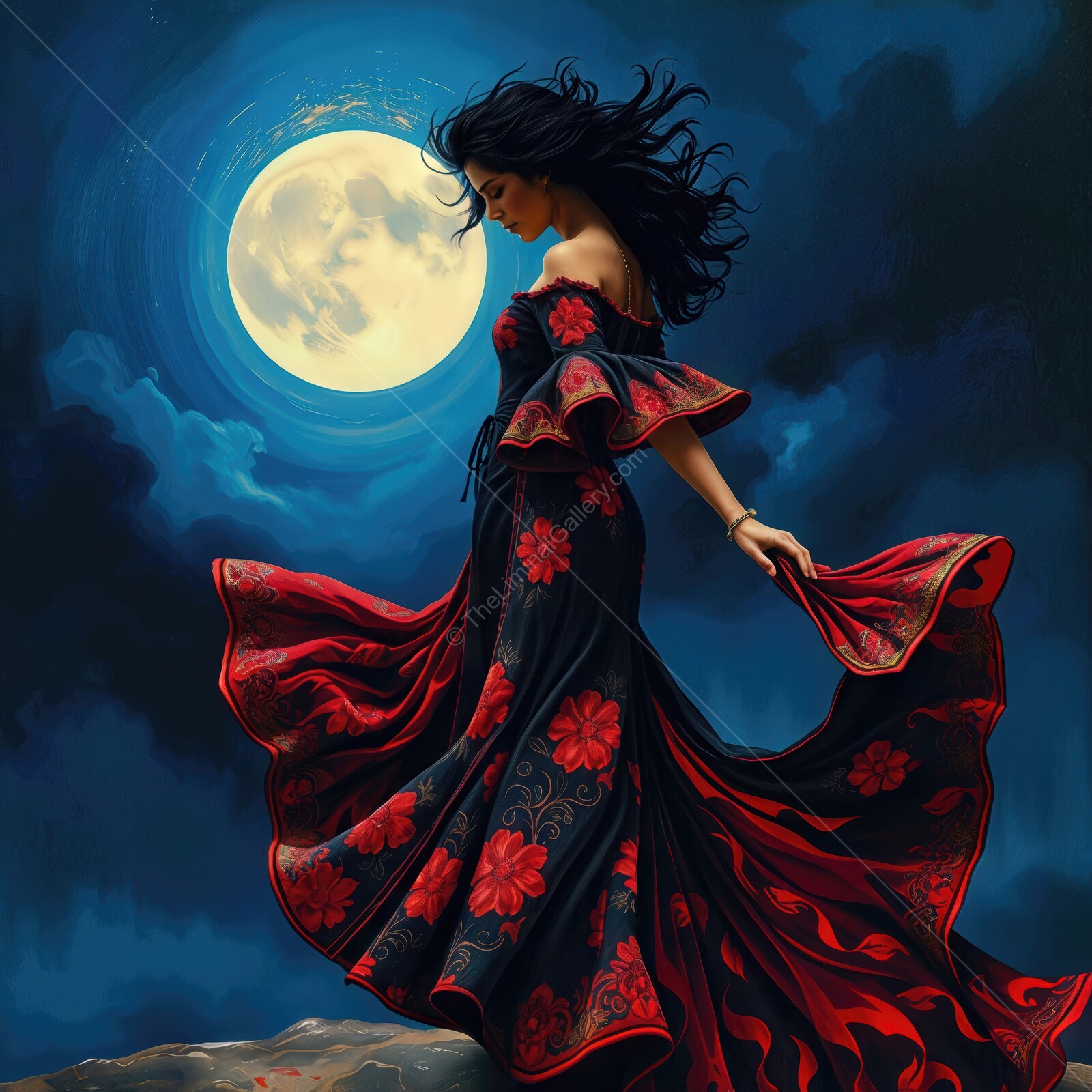 Dancing elegantly under the radiant moonlight with flowing dress and vibrant colors