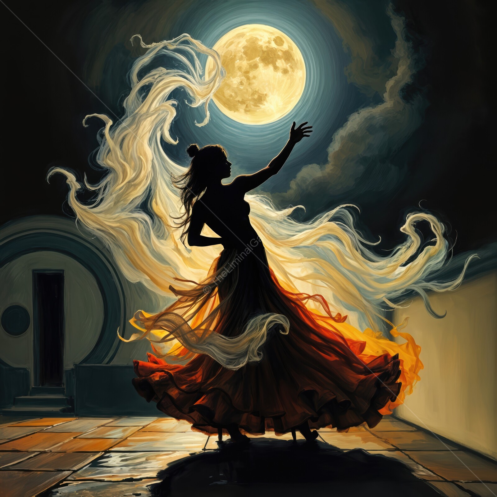 Flamenco dancer embraces the moonlight in a swirling display of grace and passion