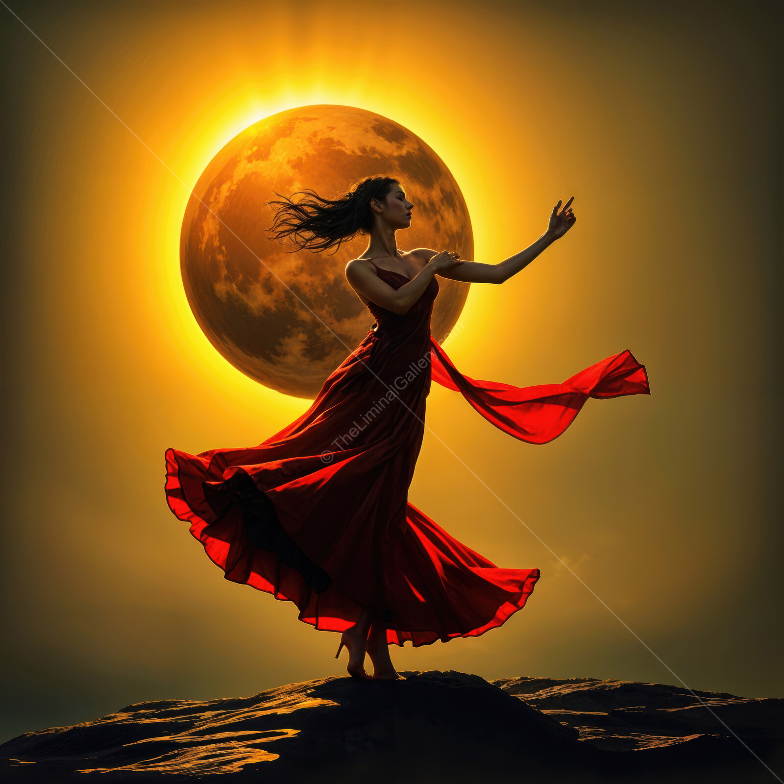 Flamenco dancer in a flowing red dress silhouetted against a glowing full moon at twilight