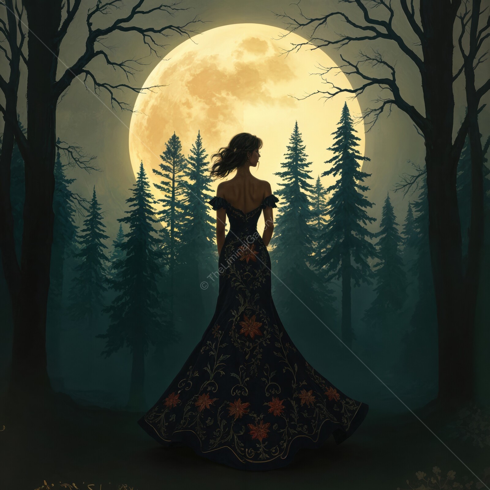 Mystical woman in a flowing gown stands before a glowing full moon in a shadowy forest at night
