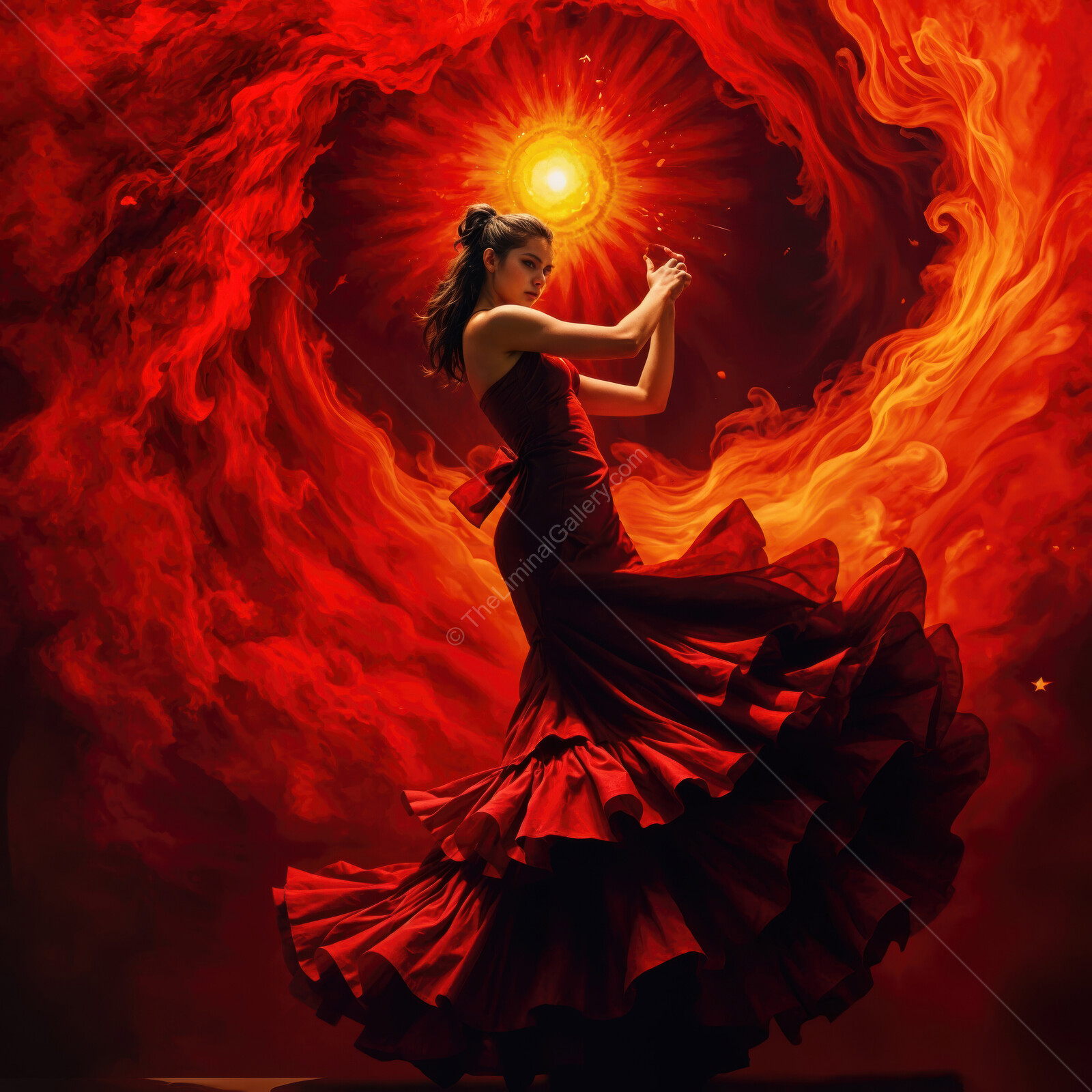 Dance of passion and fire in vibrant red under a cosmic swirl at sunset
