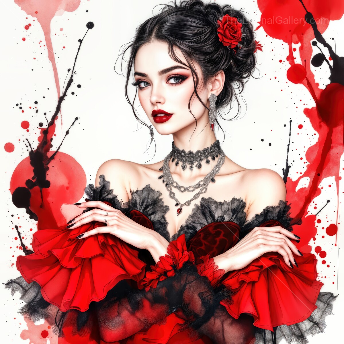 Flamenco dancer in a vibrant watercolor style showcasing passion and elegance through colorful splashes and dramatic attire