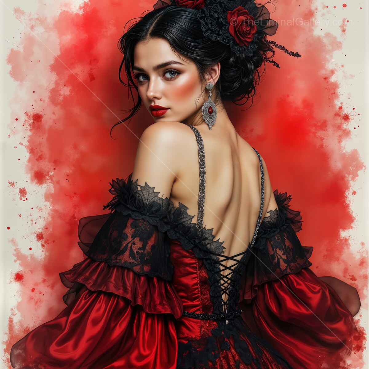 Dancer in a vibrant flamenco dress captivates with elegance and grace against a splash of bold colors