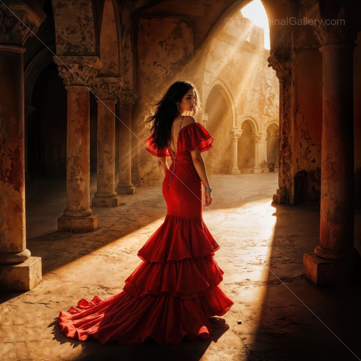Flamenco woman in a stunning red dress embraces the magic of an ancient courtyard during sunset