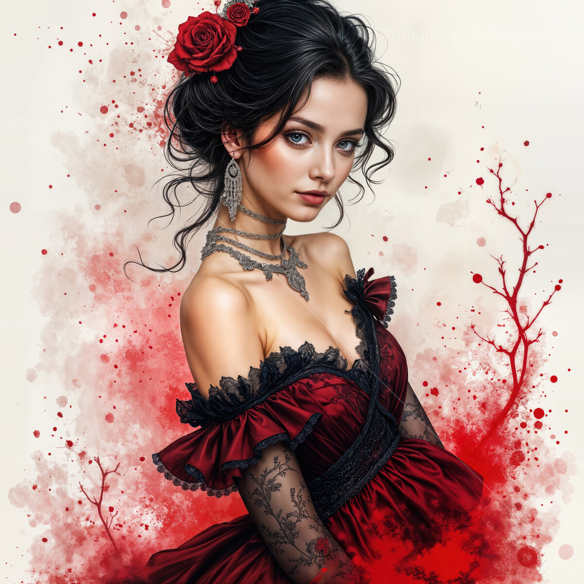 Captivating flamenco dancer captured in watercolor, balancing grace and passion in a vibrant red ensemble