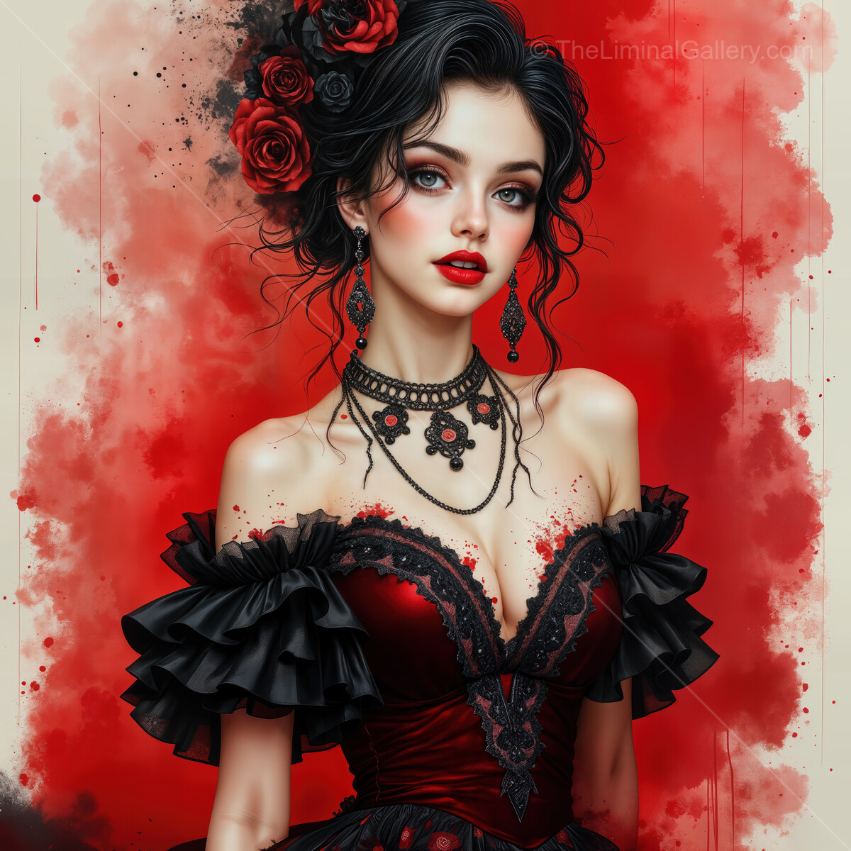 Flamenco dancer adorned in vibrant red and black, embodying passion and grace in a stylish watercolor capture