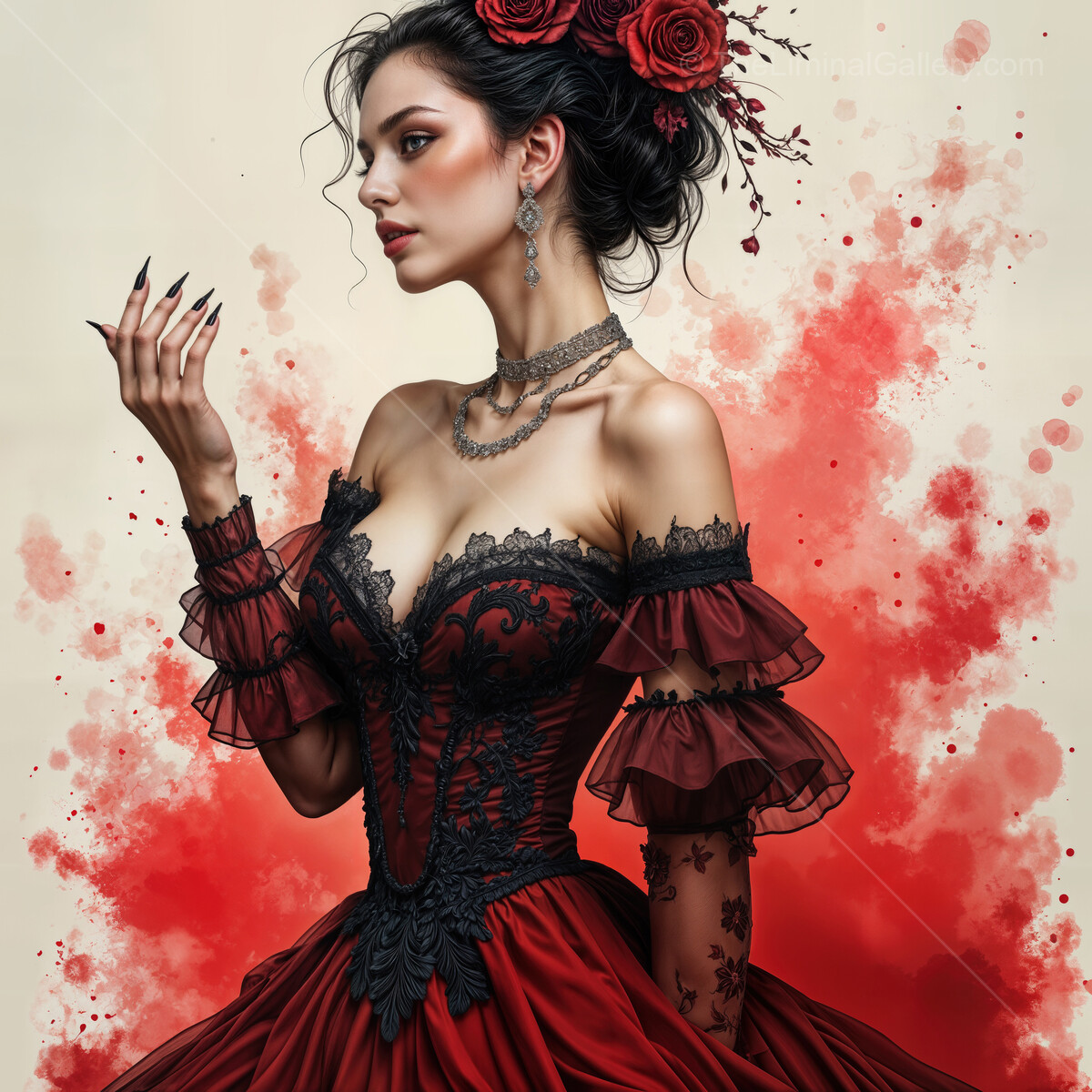 Flamenco dancer in vibrant red gown surrounded by watercolors and roses celebrating the essence of passion and artistry