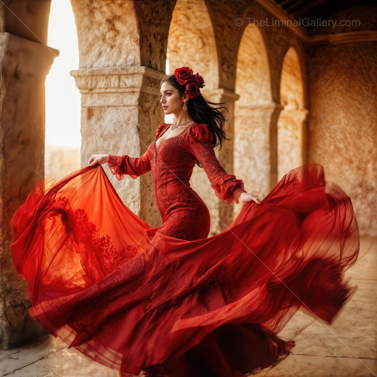 Elegant flamenco dancer twirls gracefully in a vibrant red dress against stunning historic architecture at sunset