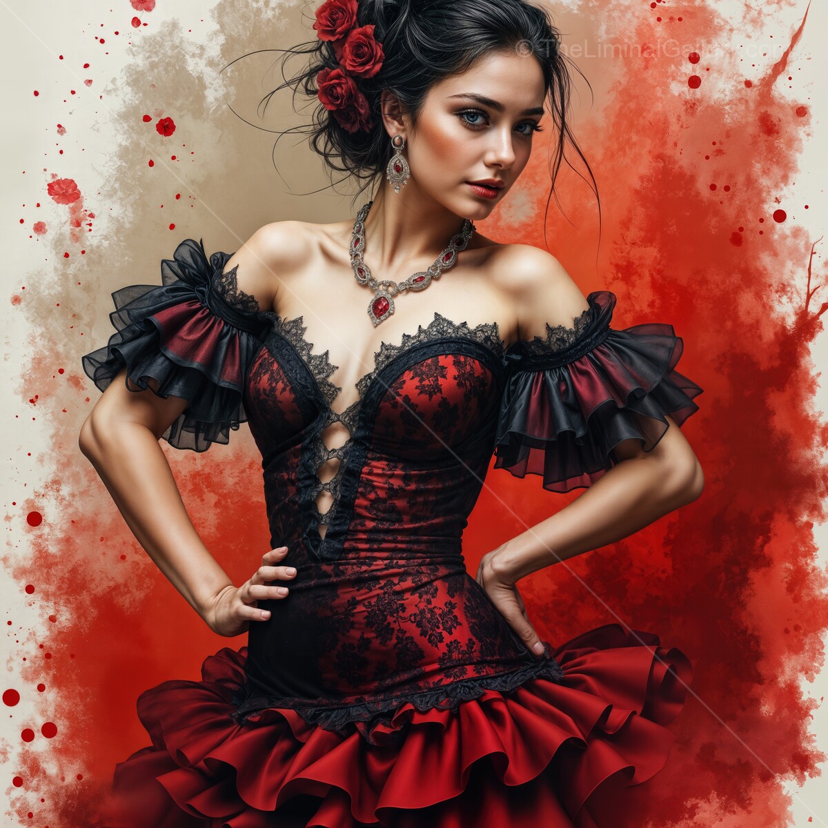 Flamenco dancer in vibrant watercolor attire showcasing tradition and passion in a striking red and black ensemble