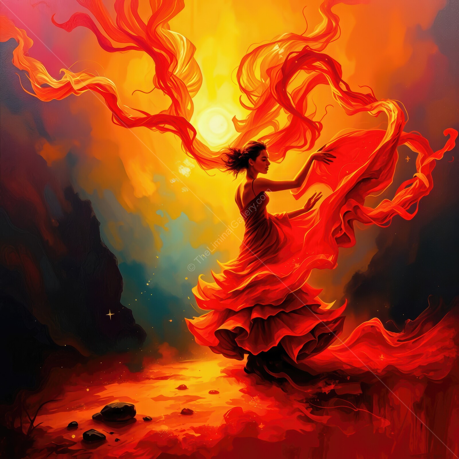 Flamenco dancer swirls in vibrant red fabric against a fiery sunset backdrop in a mystical landscape