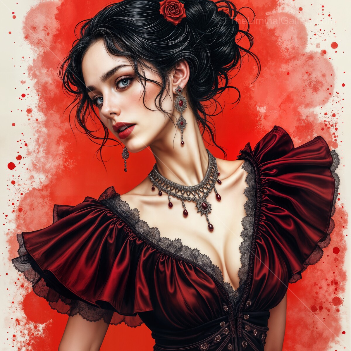 Flamenco dancer in vibrant watercolors with dramatic ruffles and rich adornments