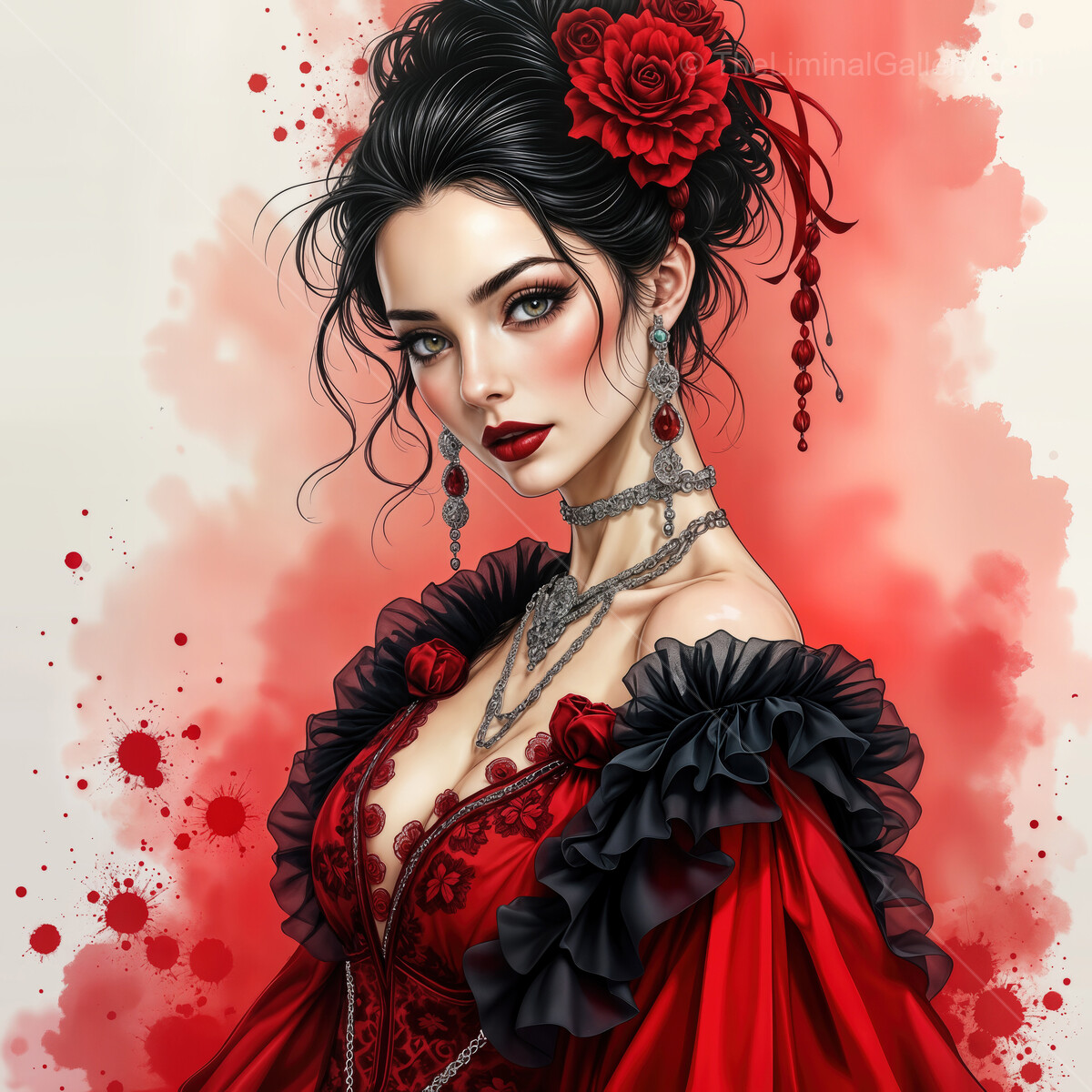 Flamenco dancer radiates passion through watercolor strokes capturing vibrant movement and emotion