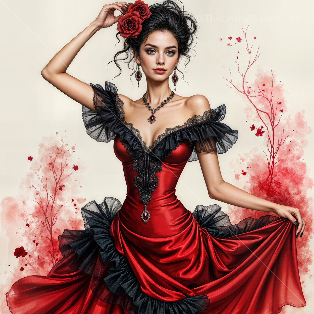 Flamenco dancer in vibrant red dress showcases grace and passion through artful watercolor strokes