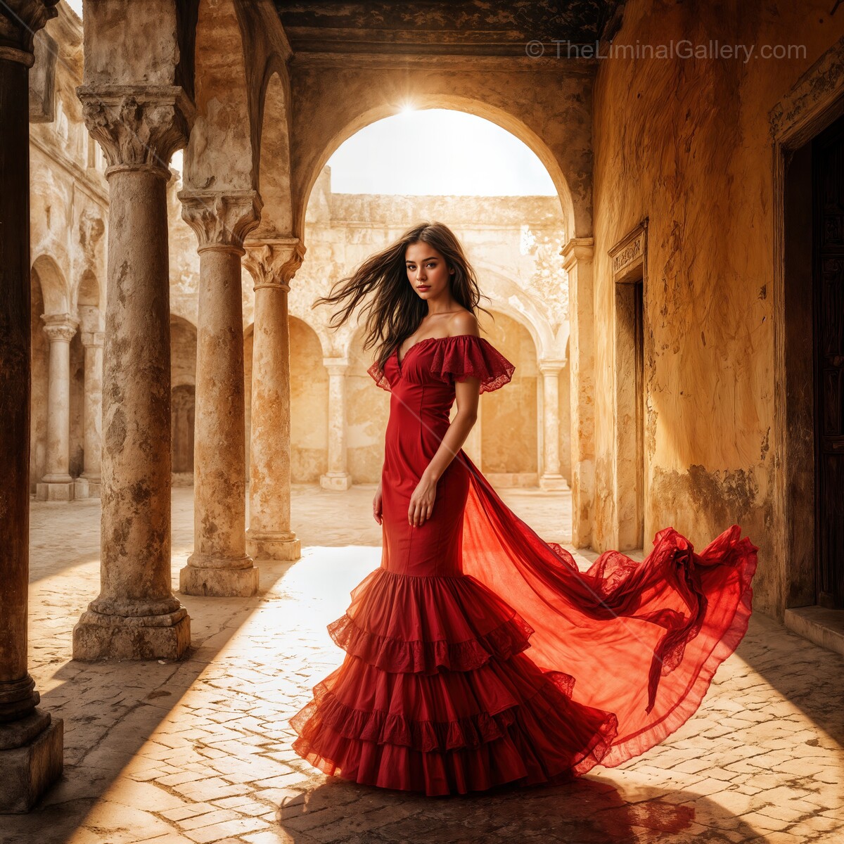 Flamenco woman twirls in a flowing red dress, capturing the spirit of traditional dance in an ancient courtyard bathed in golden light
