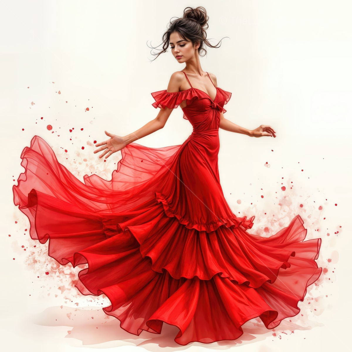 Fiery dancer twirls in vibrant flamenco dress surrounded by splashes of color