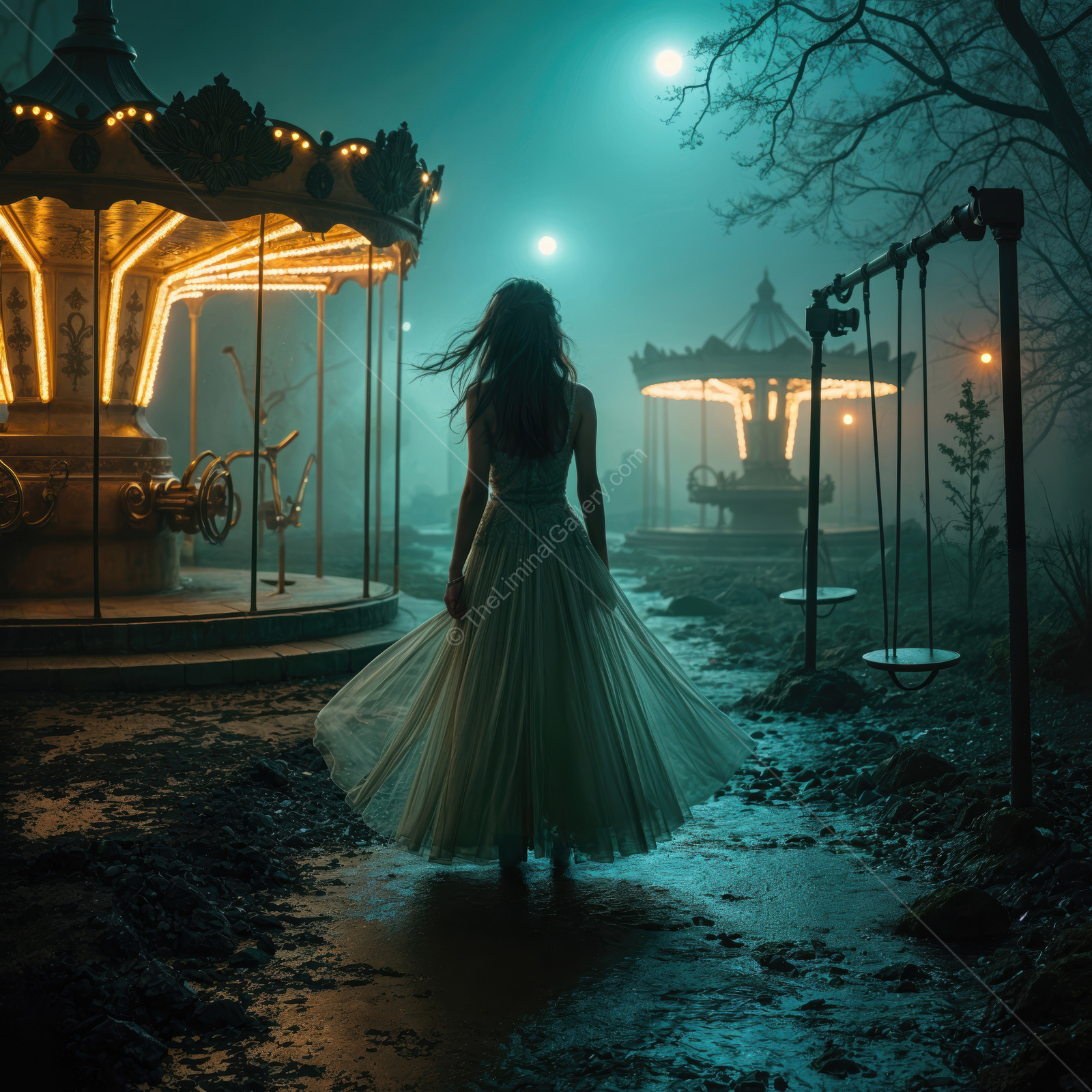 Mysterious figure in a flowing dress explores an abandoned carnival at twilight under eerie lights