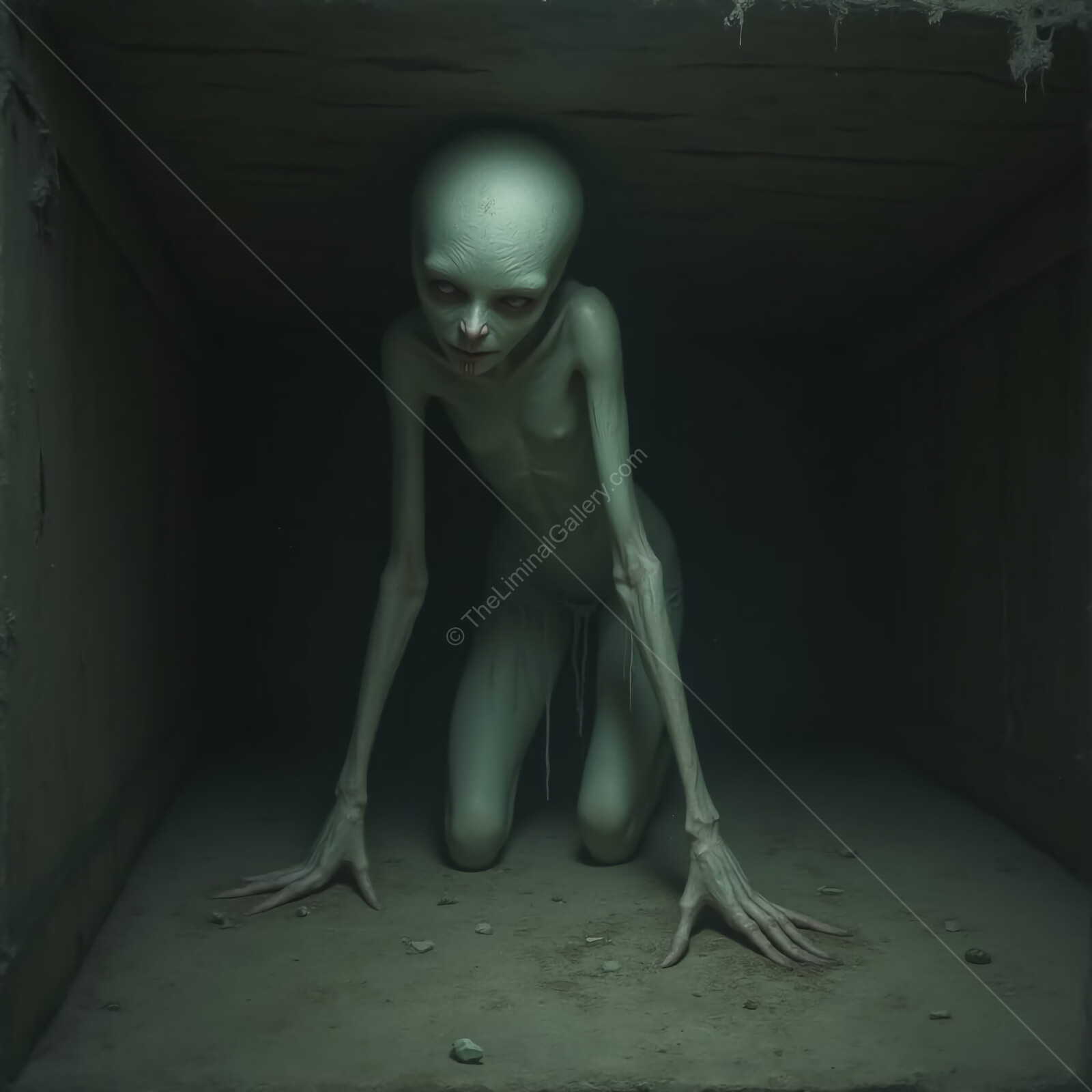 Creeping alien figure in a dimly lit confined space evokes an unsettling sense of isolation and dread at twilight's edge