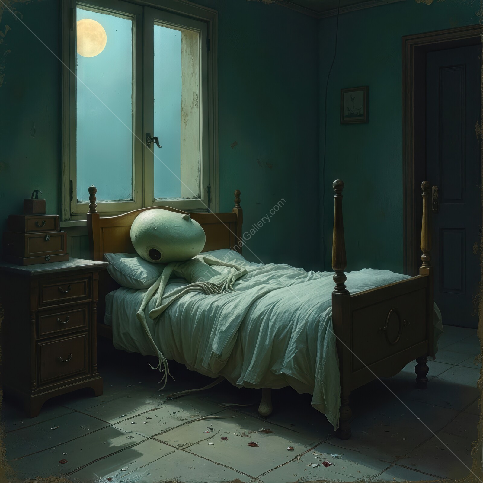Unearthly slumber in a dimly lit room reconnected with lost dreams from yesteryear